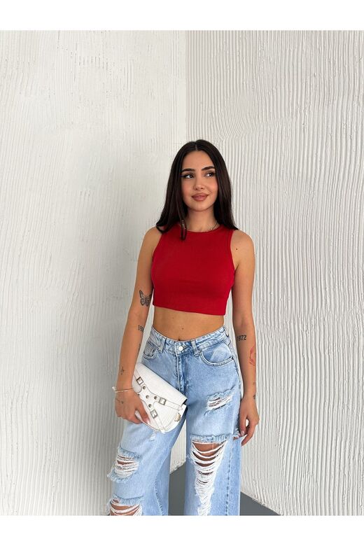 Crop Pamuklu Fitilli Esnek Halter Yaka Kaşkorse Kumaş Atlet