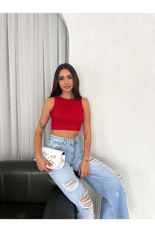 Crop Pamuklu Fitilli Esnek Halter Yaka Kaşkorse Kumaş Atlet