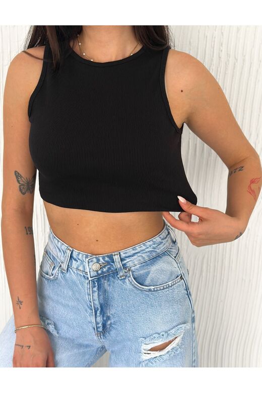 Crop Pamuklu Fitilli Esnek Halter Yaka Kaşkorse Kumaş Atlet