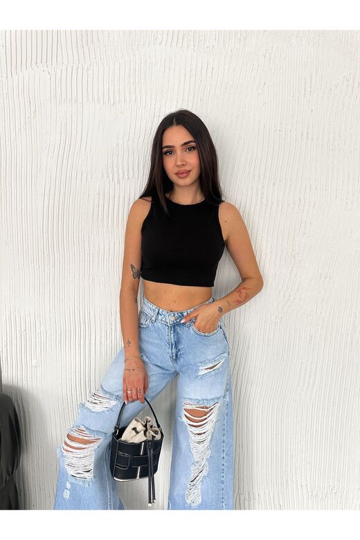 Crop Pamuklu Fitilli Esnek Halter Yaka Kaşkorse Kumaş Atlet