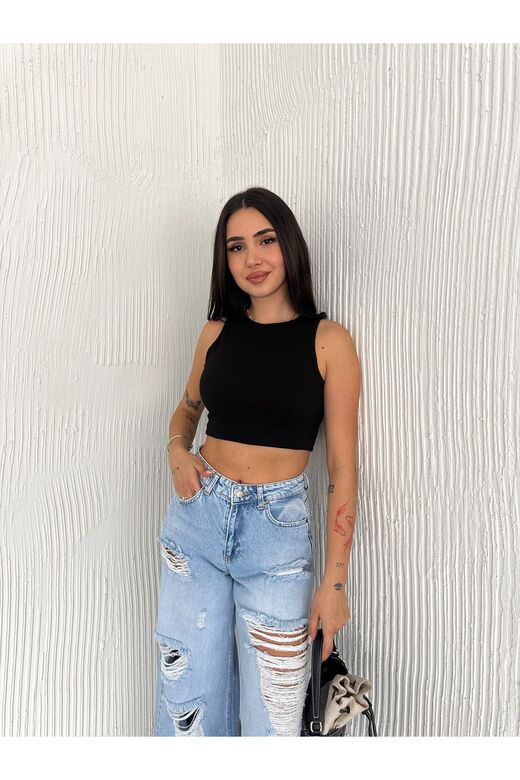 Crop Pamuklu Fitilli Esnek Halter Yaka Kaşkorse Kumaş Atlet