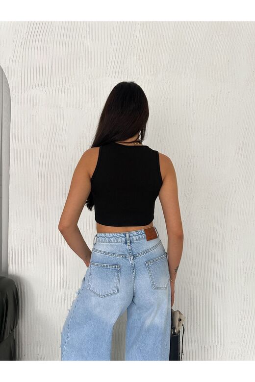 Crop Pamuklu Fitilli Esnek Halter Yaka Kaşkorse Kumaş Atlet