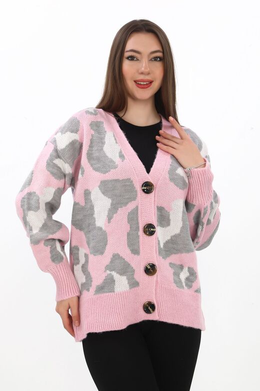 Leopar Desenli Düğmeli Oversize Örme Detaylı Triko Hırka