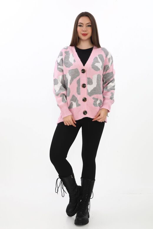 Leopar Desenli Düğmeli Oversize Örme Detaylı Triko Hırka