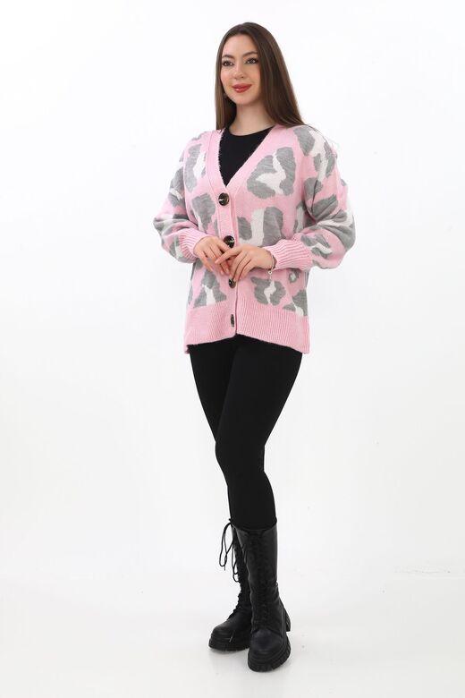 Leopar Desenli Düğmeli Oversize Örme Detaylı Triko Hırka