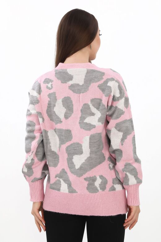 Leopar Desenli Düğmeli Oversize Örme Detaylı Triko Hırka