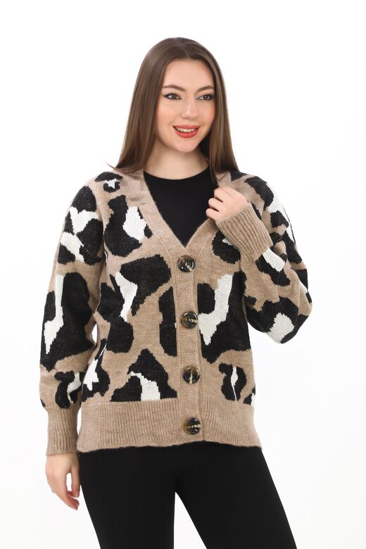 Leopar Desenli Düğmeli Oversize Örme Detaylı Triko Hırka