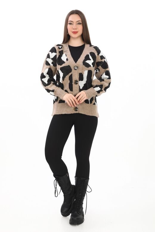 Leopar Desenli Düğmeli Oversize Örme Detaylı Triko Hırka