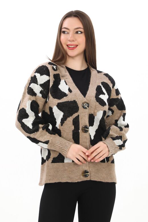 Leopar Desenli Düğmeli Oversize Örme Detaylı Triko Hırka