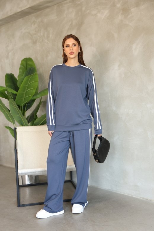 Şerit Detaylı Oversize Bol Paça Modal Kumaş Eşofman Takım