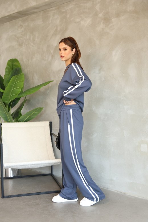 Şerit Detaylı Oversize Bol Paça Modal Kumaş Eşofman Takım