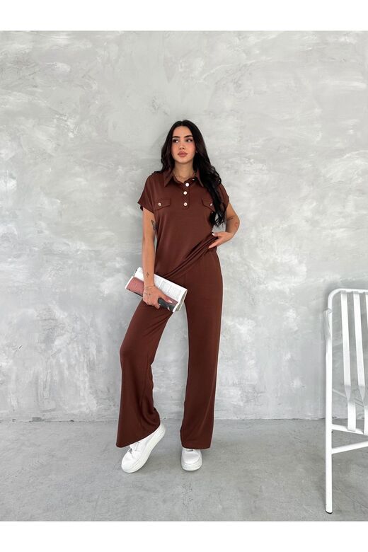 Düğmeli Polo Yaka Paça Yırtmaçlı Modal Kumaş Kısakol Eşofman Takım