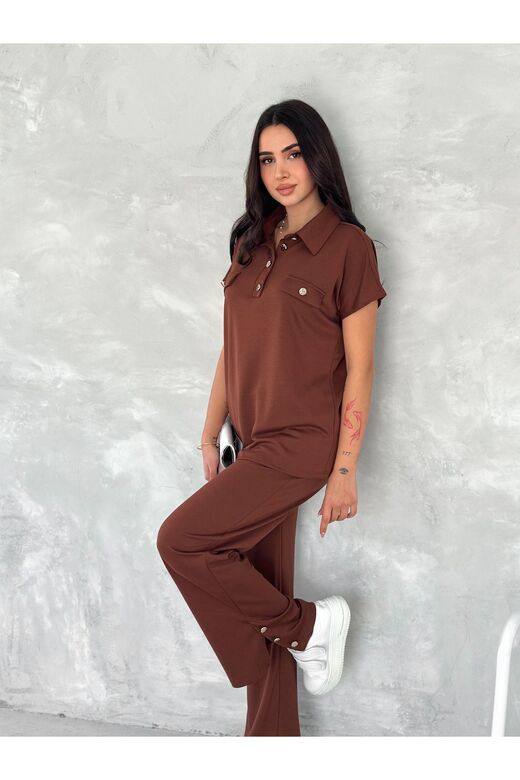 Düğmeli Polo Yaka Paça Yırtmaçlı Modal Kumaş Kısakol Eşofman Takım