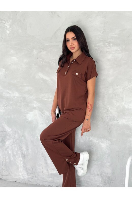 DÜĞMELİ POLO YAKA PAÇA YIRTMAÇLI MODAL KUMAŞ KISAKOL EŞOFMAN TAKIM