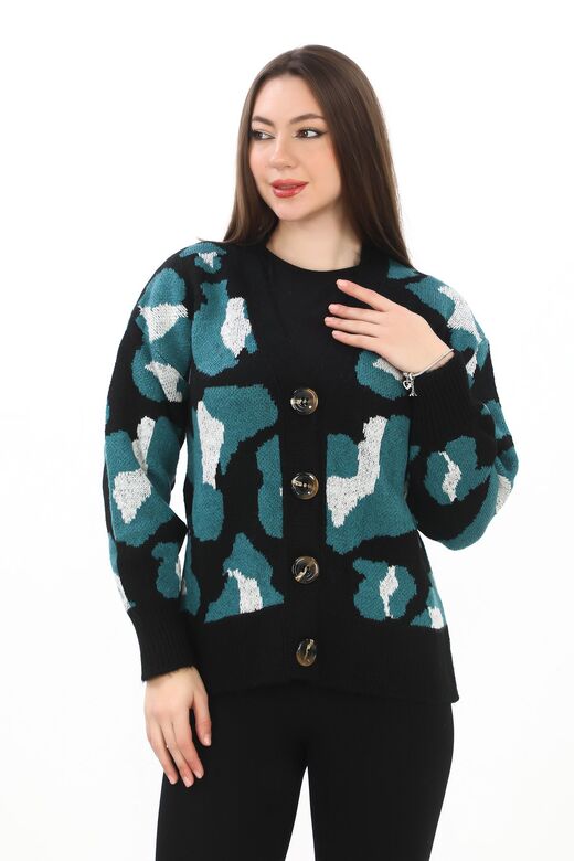 Leopar Desenli Düğmeli Oversize Örme Detaylı Triko Hırka