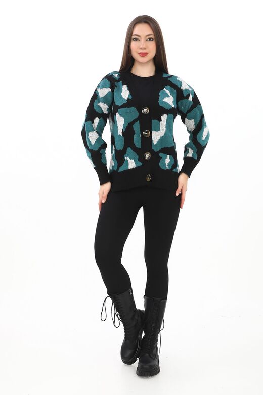 Leopar Desenli Düğmeli Oversize Örme Detaylı Triko Hırka