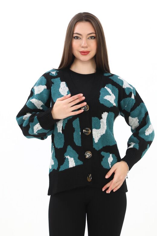 Leopar Desenli Düğmeli Oversize Örme Detaylı Triko Hırka