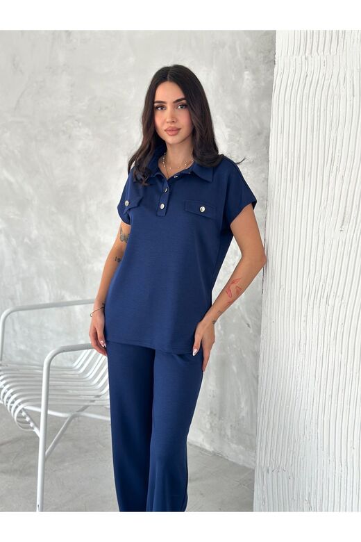 Düğmeli Polo Yaka Paça Yırtmaçlı Modal Kumaş Kısakol Eşofman Takım