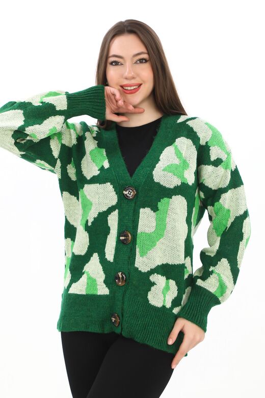 Leopar Desenli Düğmeli Oversize Örme Detaylı Triko Hırka