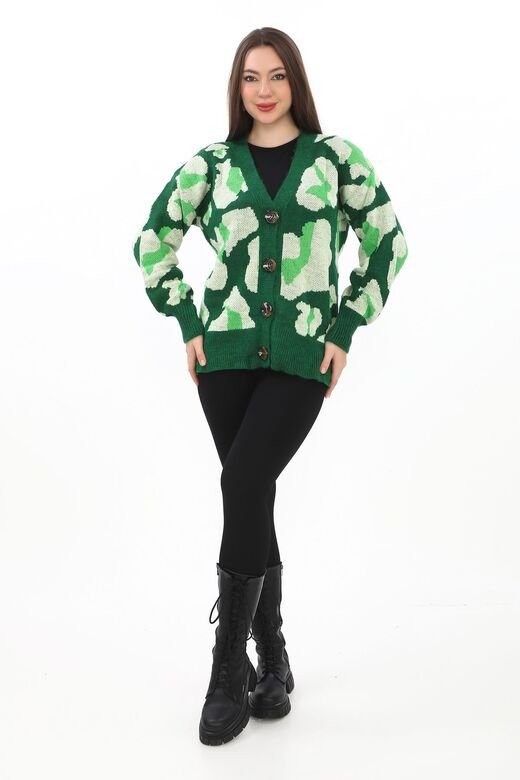 Leopar Desenli Düğmeli Oversize Örme Detaylı Triko Hırka