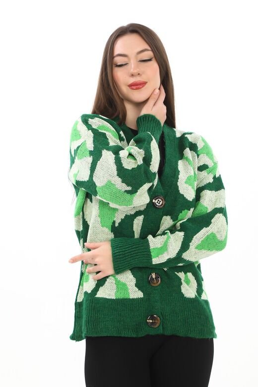 Leopar Desenli Düğmeli Oversize Örme Detaylı Triko Hırka