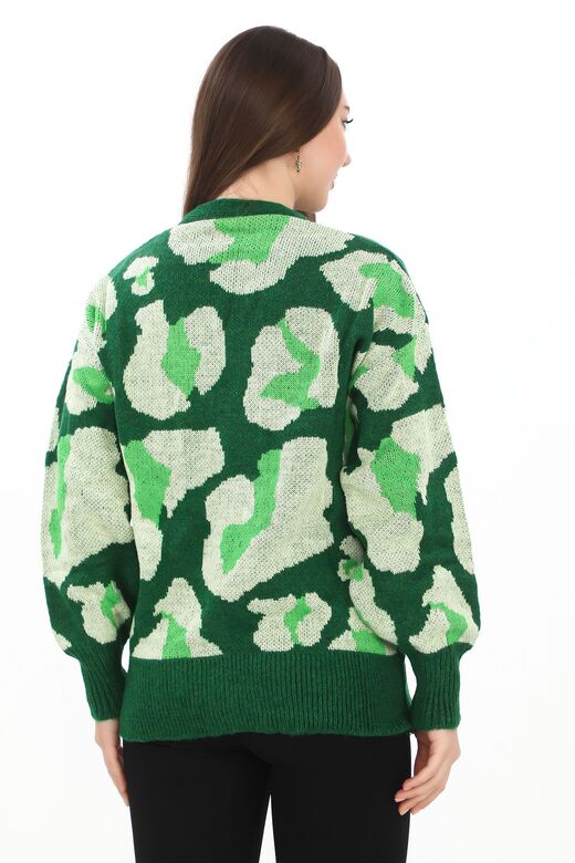 Leopar Desenli Düğmeli Oversize Örme Detaylı Triko Hırka