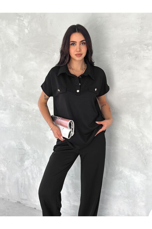 Düğmeli Polo Yaka Paça Yırtmaçlı Modal Kumaş Kısakol Eşofman Takım
