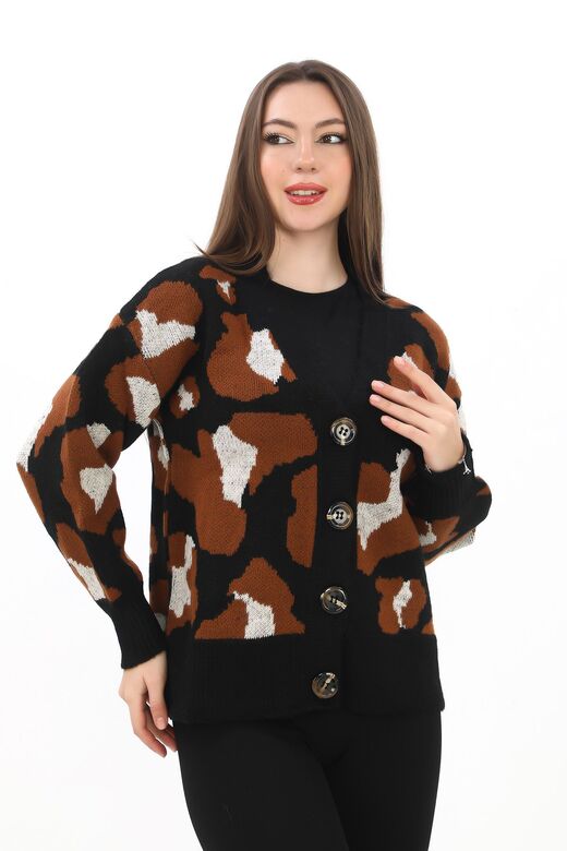 Leopar Desenli Düğmeli Oversize Örme Detaylı Triko Hırka