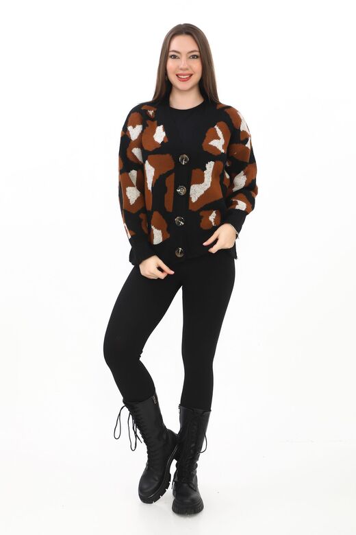Leopar Desenli Düğmeli Oversize Örme Detaylı Triko Hırka