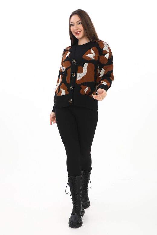 Leopar Desenli Düğmeli Oversize Örme Detaylı Triko Hırka