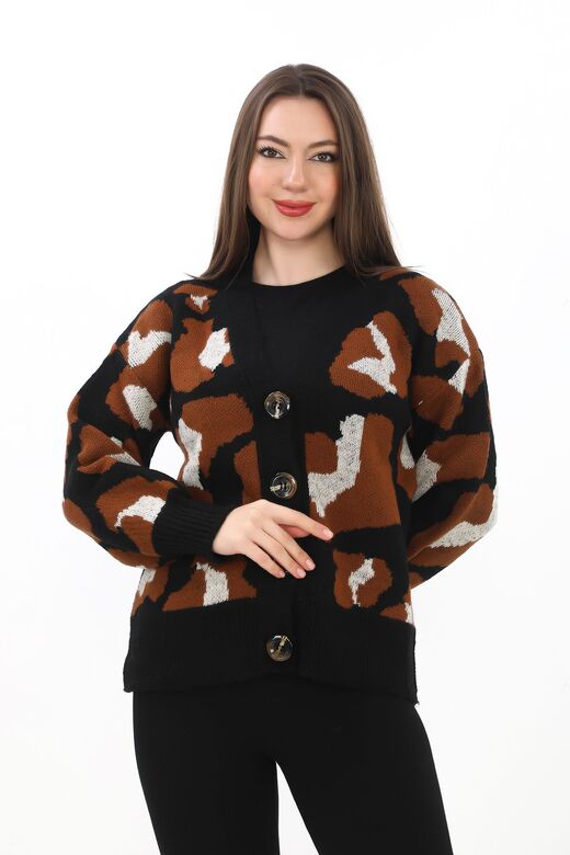 Leopar Desenli Düğmeli Oversize Örme Detaylı Triko Hırka