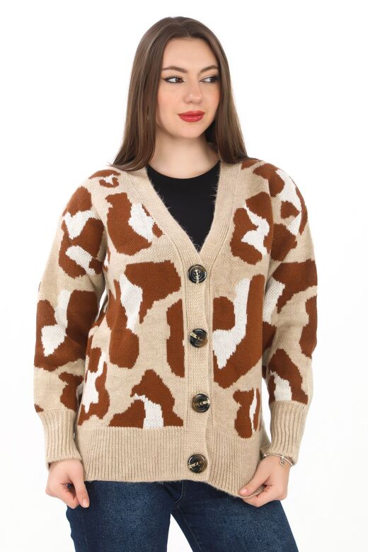 Leopar Desenli Düğmeli Oversize Örme Detaylı Triko Hırka