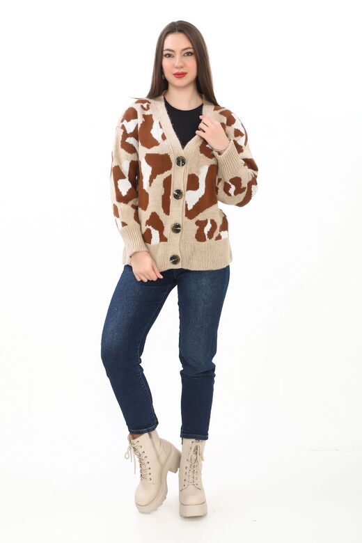 Leopar Desenli Düğmeli Oversize Örme Detaylı Triko Hırka