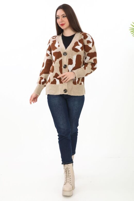 Leopar Desenli Düğmeli Oversize Örme Detaylı Triko Hırka