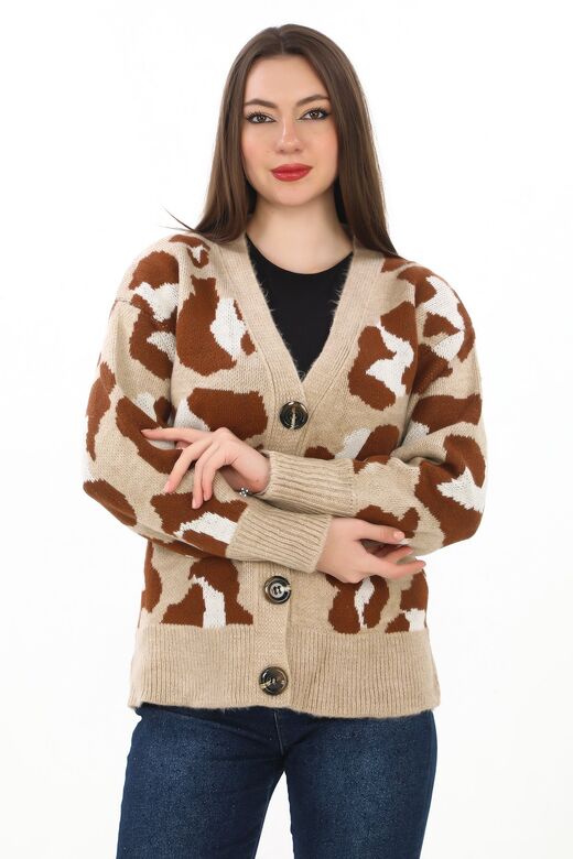 Leopar Desenli Düğmeli Oversize Örme Detaylı Triko Hırka