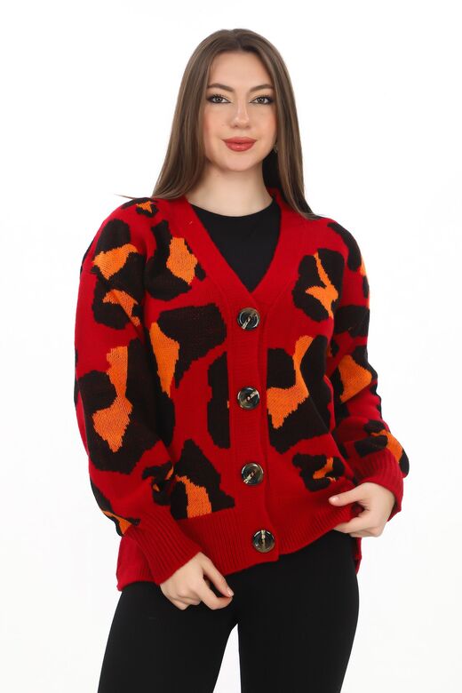 Leopar Desenli Düğmeli Oversize Örme Detaylı Triko Hırka