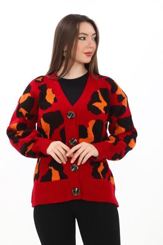 Leopar Desenli Düğmeli Oversize Örme Detaylı Triko Hırka