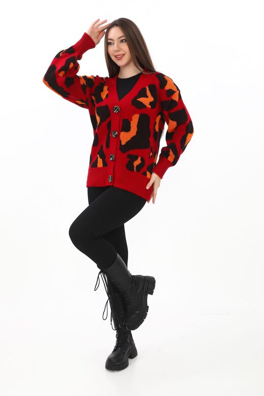 Leopar Desenli Düğmeli Oversize Örme Detaylı Triko Hırka