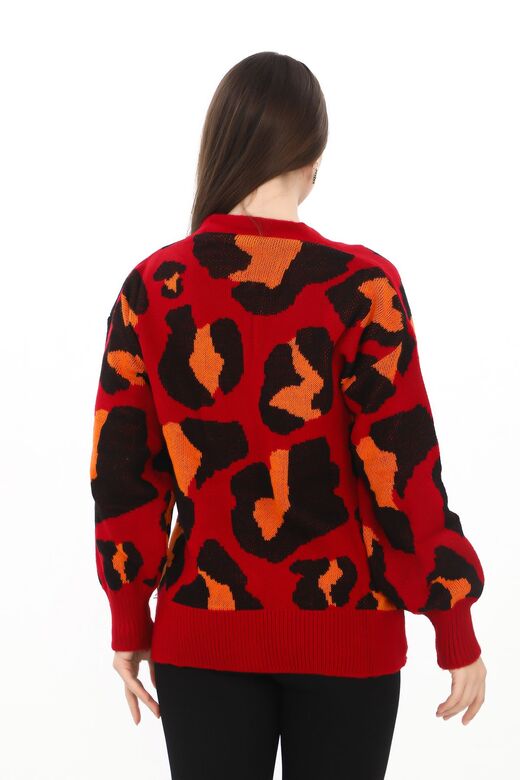 Leopar Desenli Düğmeli Oversize Örme Detaylı Triko Hırka