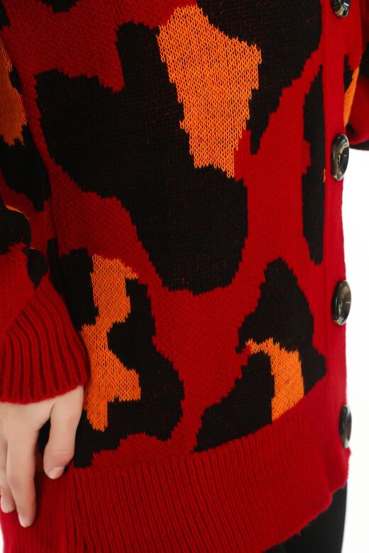Leopar Desenli Düğmeli Oversize Örme Detaylı Triko Hırka