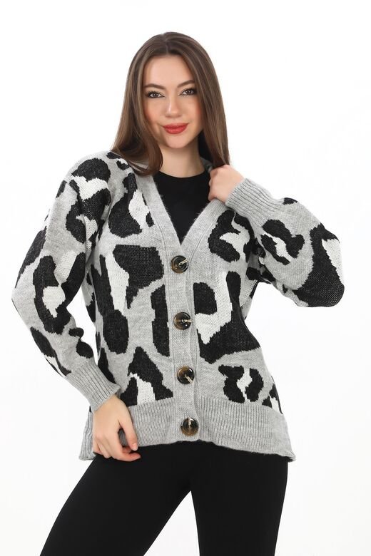 Leopar Desenli Düğmeli Oversize Örme Detaylı Triko Hırka