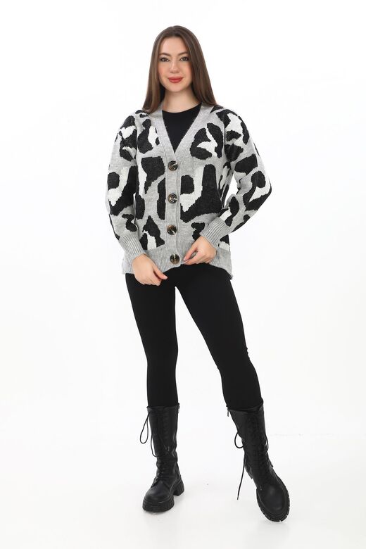 Leopar Desenli Düğmeli Oversize Örme Detaylı Triko Hırka