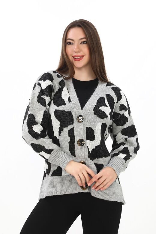 Leopar Desenli Düğmeli Oversize Örme Detaylı Triko Hırka