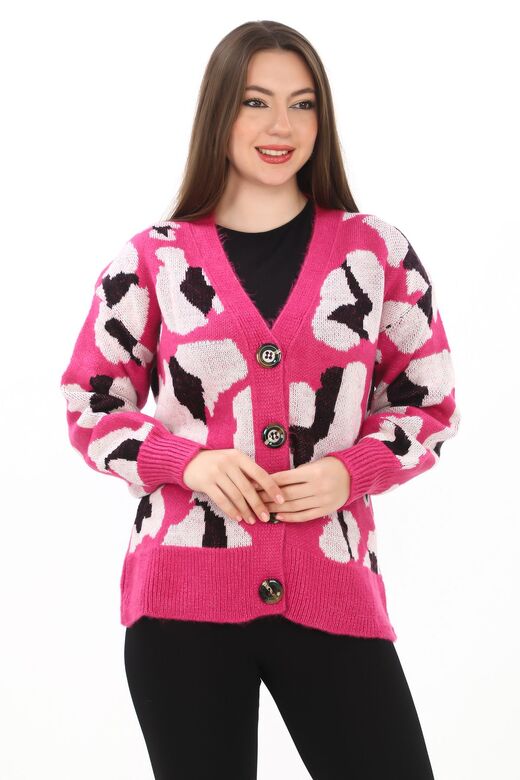 Leopar Desenli Düğmeli Oversize Örme Detaylı Triko Hırka
