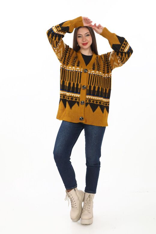 Oversize Düğmeli Örme Detaylı Triko Hırka