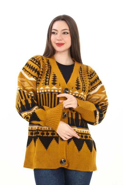 Oversize Düğmeli Örme Detaylı Triko Hırka
