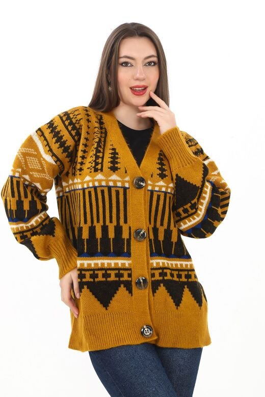 Oversize Düğmeli Örme Detaylı Triko Hırka