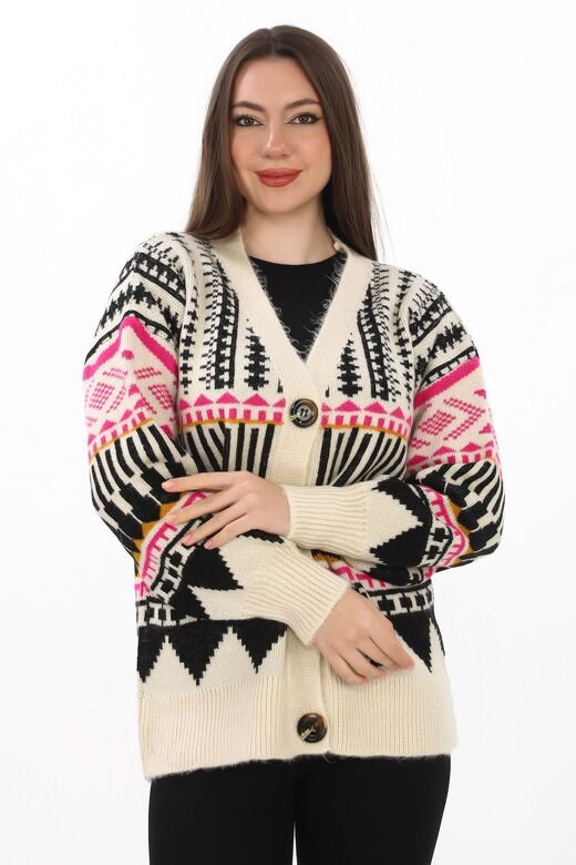 Oversize Düğmeli Örme Detaylı Triko Hırka
