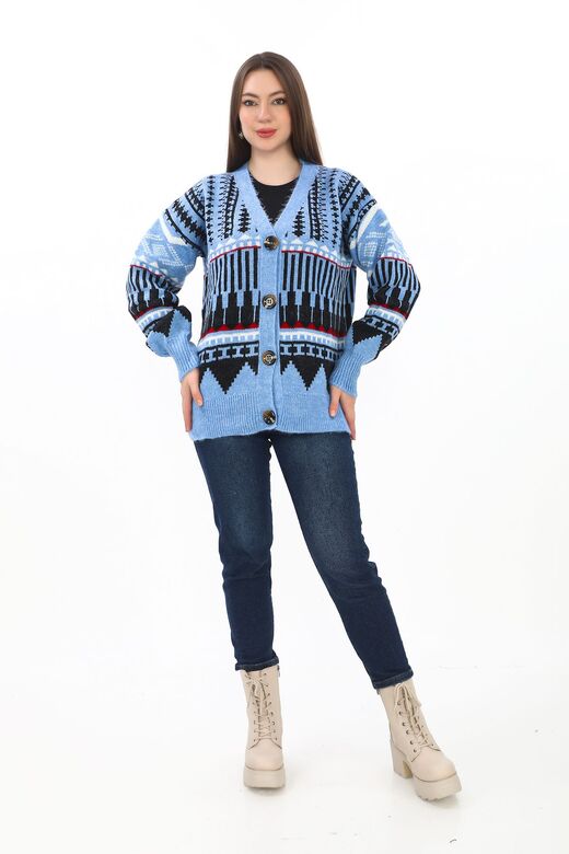 Oversize Düğmeli Örme Detaylı Triko Hırka