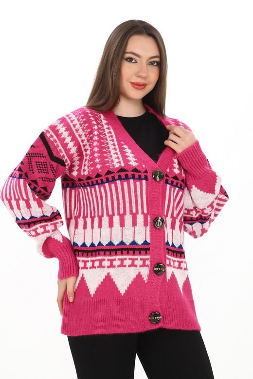 Oversize Düğmeli Örme Detaylı Triko Hırka